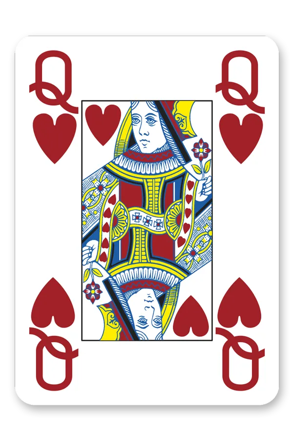 Queen of Hearts playing card with red hearts and colorful design on a white background