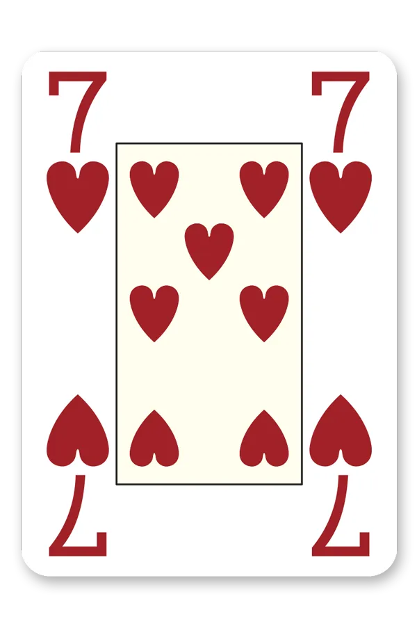 Card with the number 7 and red hearts on a white background