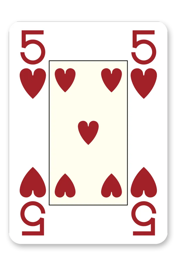 Five of hearts playing card with red hearts on a white background