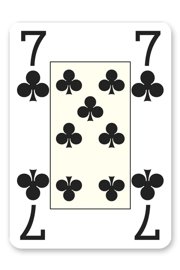 Playing card with the number 7 and club symbols on a white background
