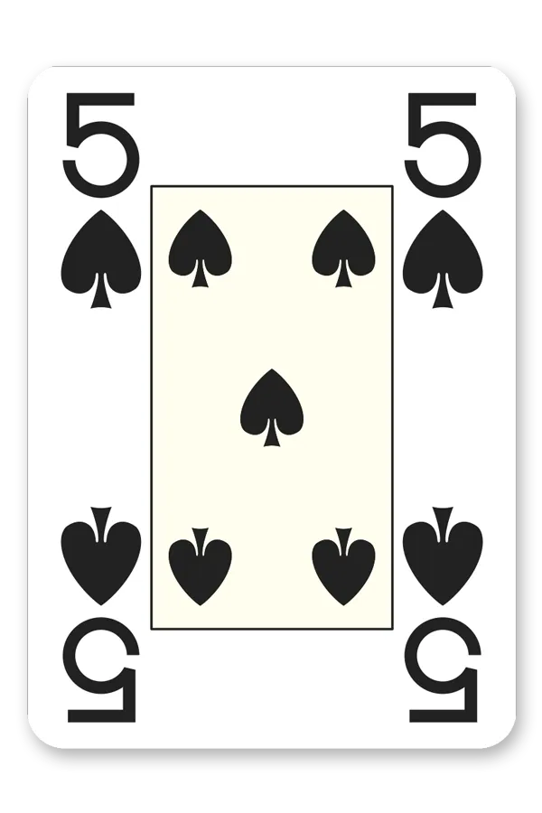Playing card with the number 5 and spade symbols on a white background