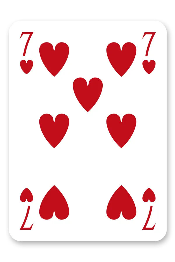Card with the number 7 and red hearts on a white background