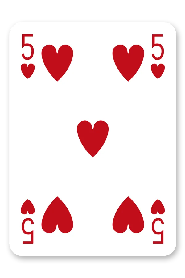 Five of hearts Modiano 98 playing card with red hearts on a white background