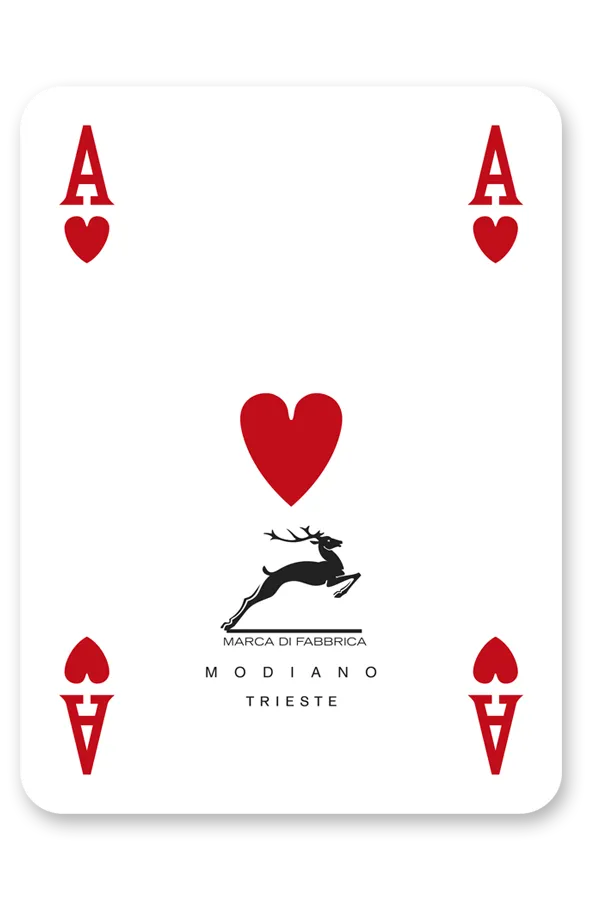 Modiano 98 playing card with red hearts and a black stag logo on a white background