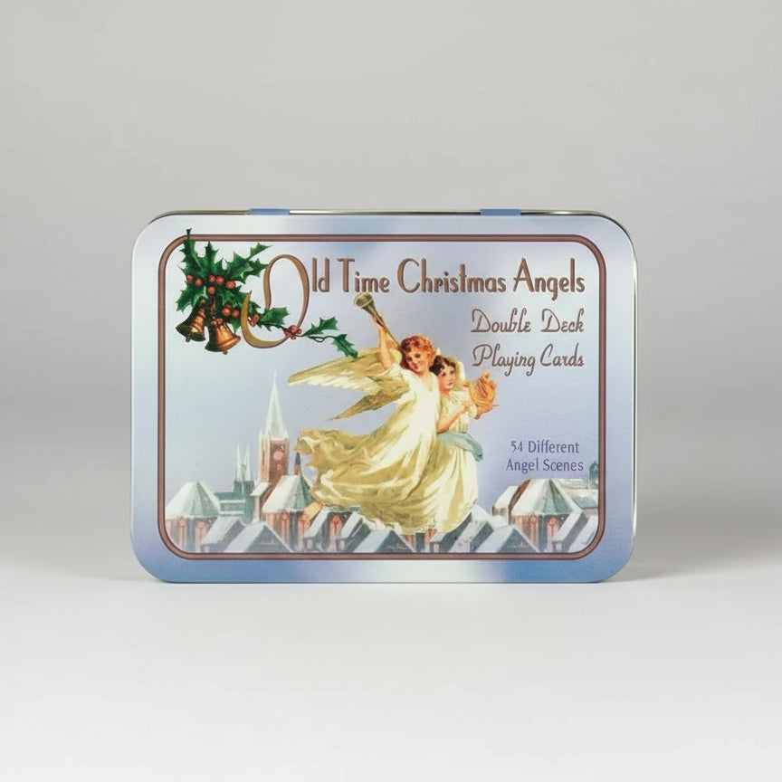 Tin box for 'Old Time Christmas Angels' playing cards with angel illustration and festive design.