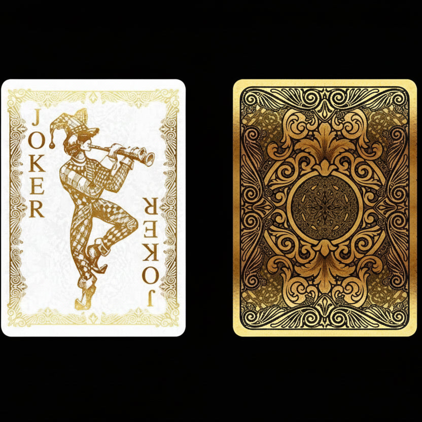 Joker and card back from Bicycle Gold deck showing gold jester illustration and ornate scrollwork back.