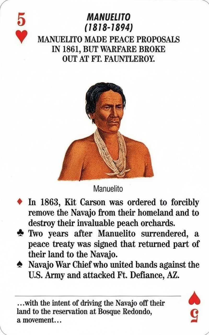 Card featuring Manuelito with historical text about his life and actions.