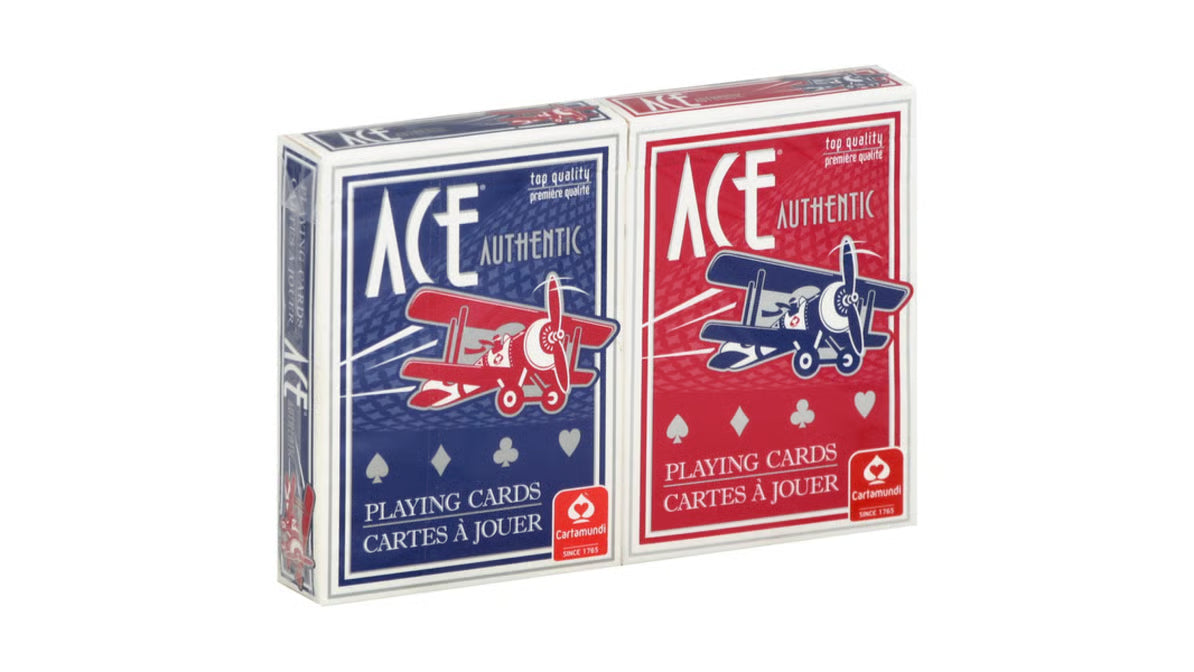 Two ACE Authentic playing card boxes with airplane designs on a white background