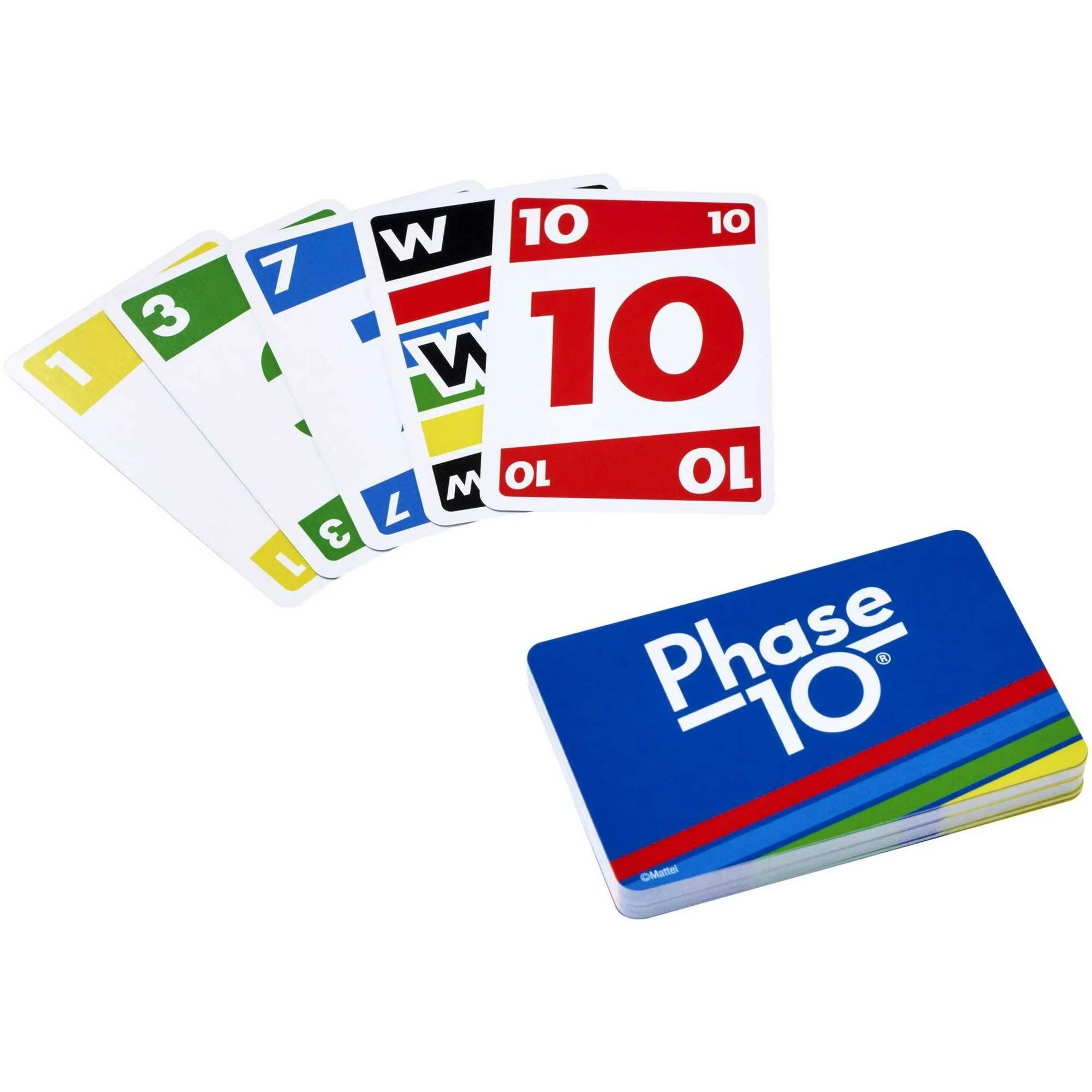 Phase 10 card game deck and cards on a plain white background. The deck box is blue with white 'Phase 10' branding and colorful stripes, and several cards are fanned out showing white cards with colored numbers and letters.