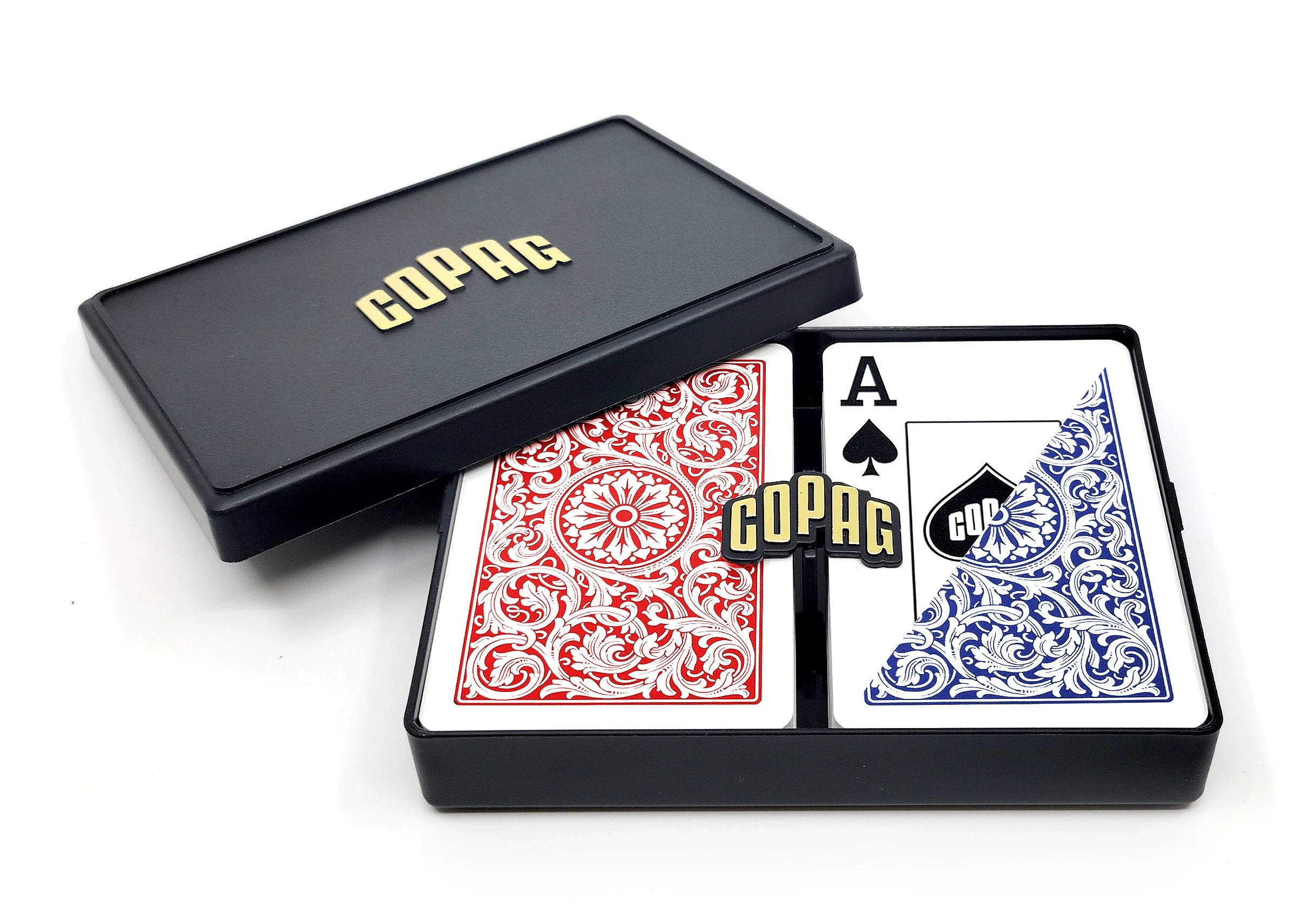 Copag 1546 Bridge Size Jumbo Index Playing Cards with two cards open showing different designs on a white background