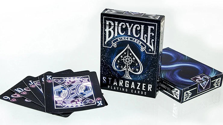 Bicycle Stargazer playing cards with deck, box, and cards spread out on a white background