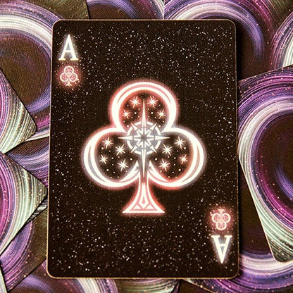 Playing card with Ace of Clubs design on a swirling, multicolored background