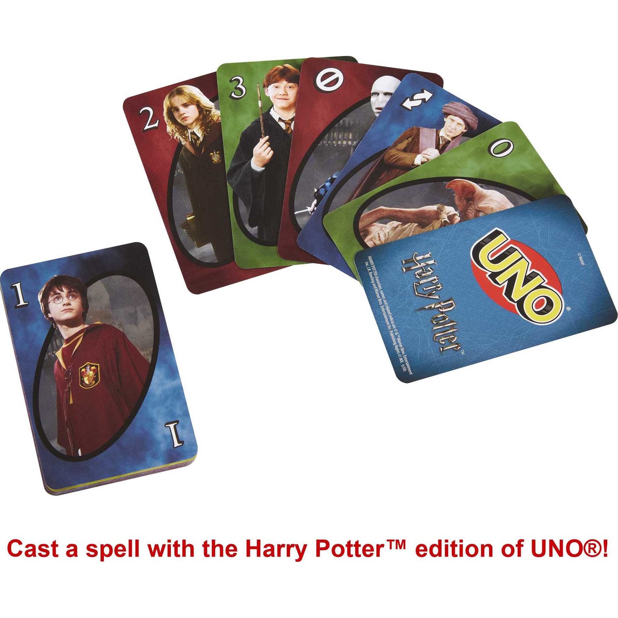 Harry Potter edition of the UNO card game shown with several cards fanned out and one card placed separately on a white background, with red text below reading 'Cast a spell with the Harry Potter™ edition of UNO®'.