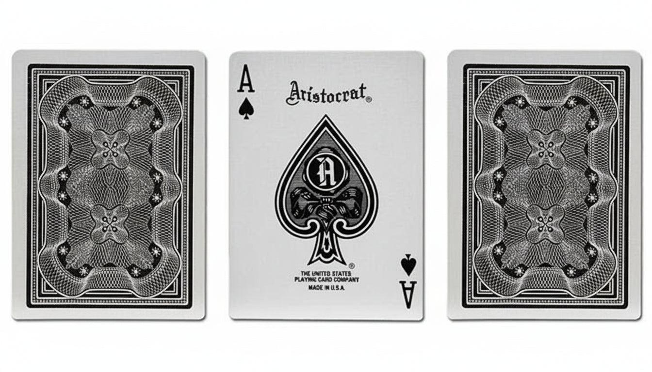 Three Aristocrat playing cards, including an Ace of Spades, on a white background.