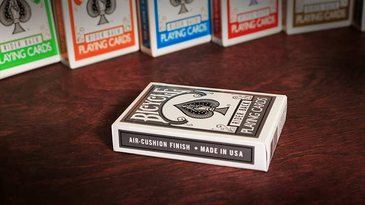 Bicycle Silver Rider Back Playing Cards tuck box lying flat showing Air-Cushion Finish and Made in USA side panel
