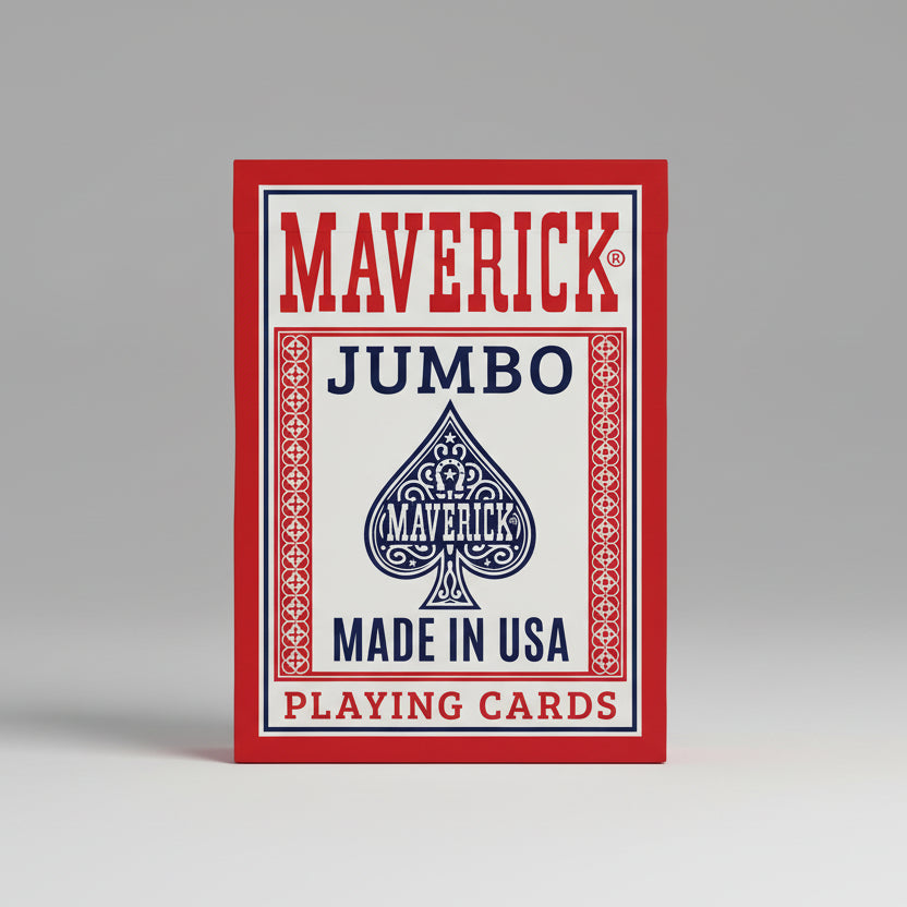 Maverick Made in USA Jumbo playing cards packaging with red border and blue spade logo.