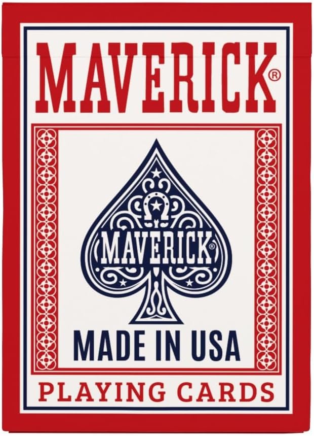 Maverick playing cards packaging with red border and blue spade logo.