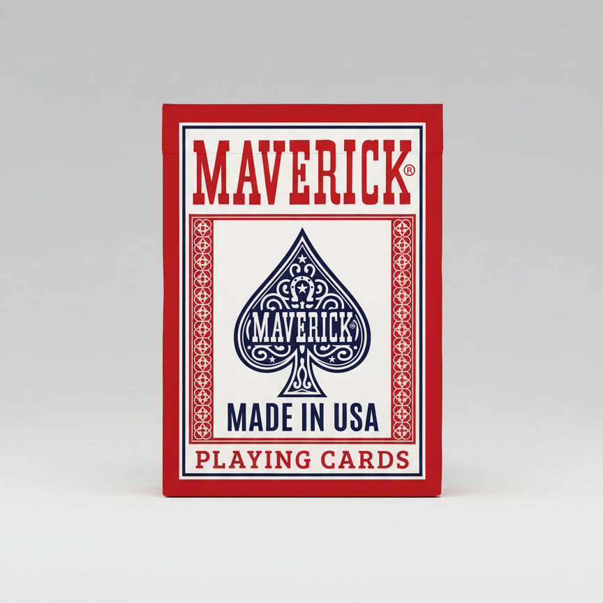 Maverick playing cards packaging with red border and blue spade logo.