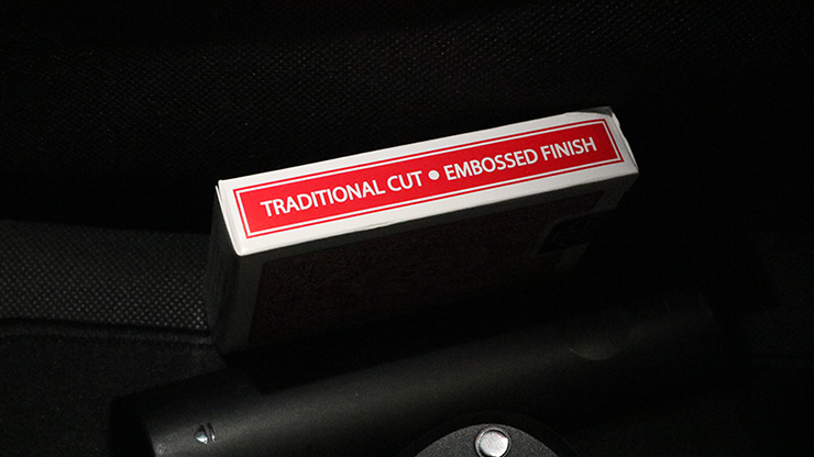 Red and white label with 'Traditional Cut Embossed Finish' text on a dark background