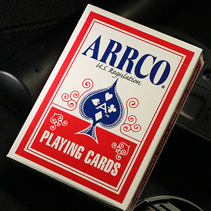 ARRCO playing cards with a red and white design on a dark background