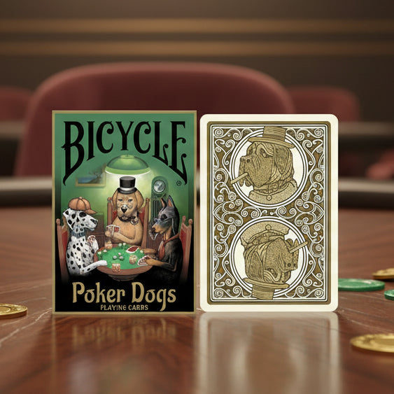 Bicycle Poker Dogs playing cards with decorative design on a black background
