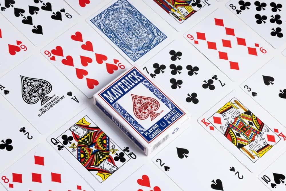 Playing cards in blue with a focus on the Maverick brand packaging.