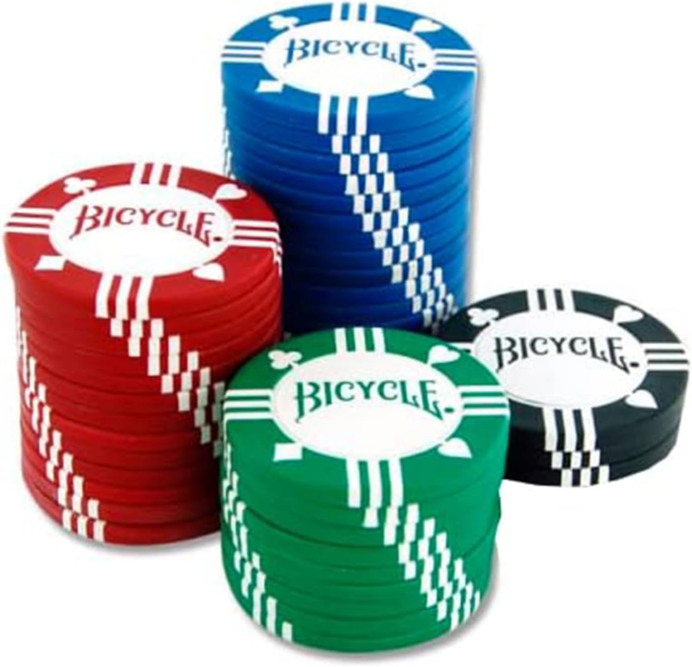 Four stacks of Bicycle poker chips in red, blue, green, and black on a white background.
