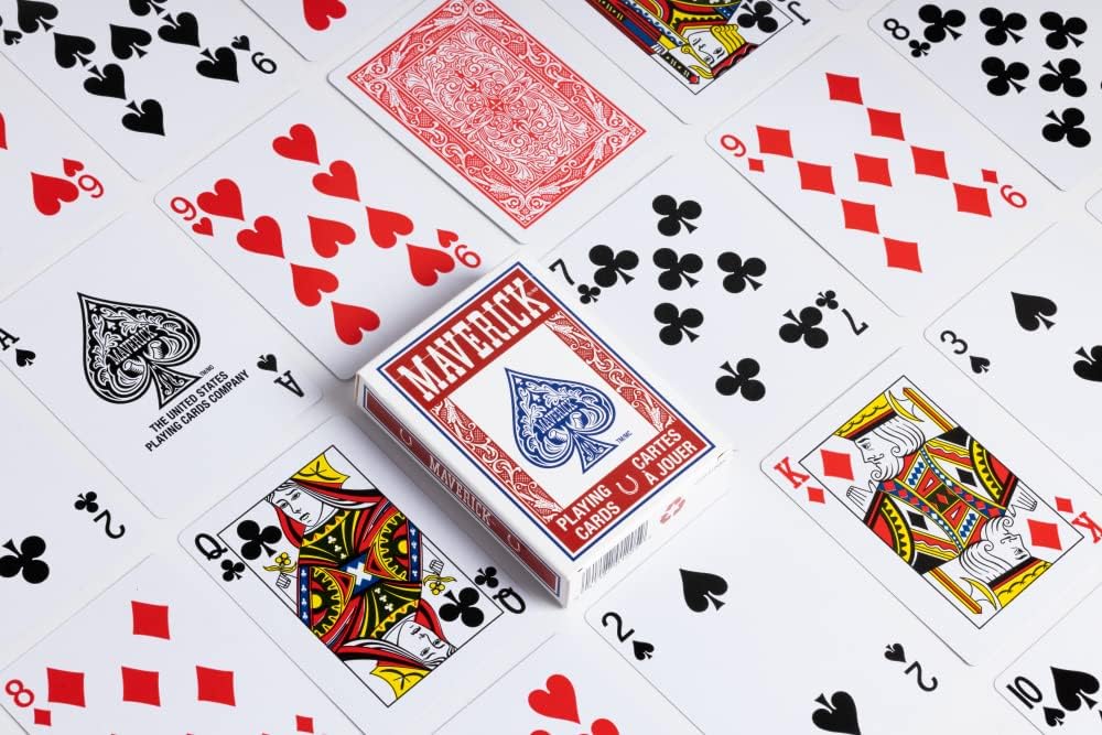Playing cards in red with a focus on the Maverick brand packaging.