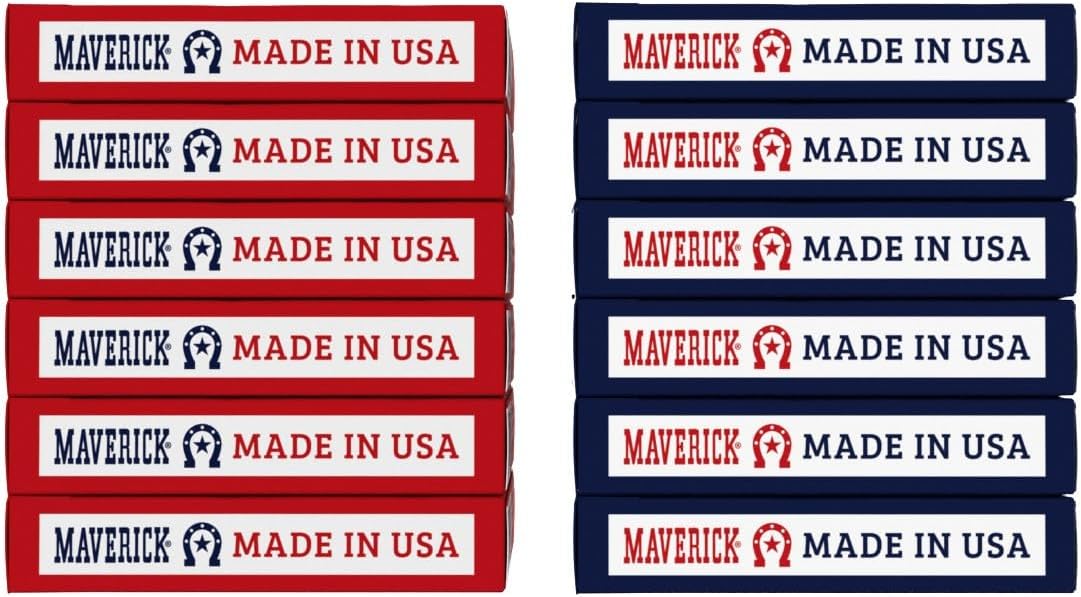 Stacks of red and blue Maverick towels with 'Made in USA' text.