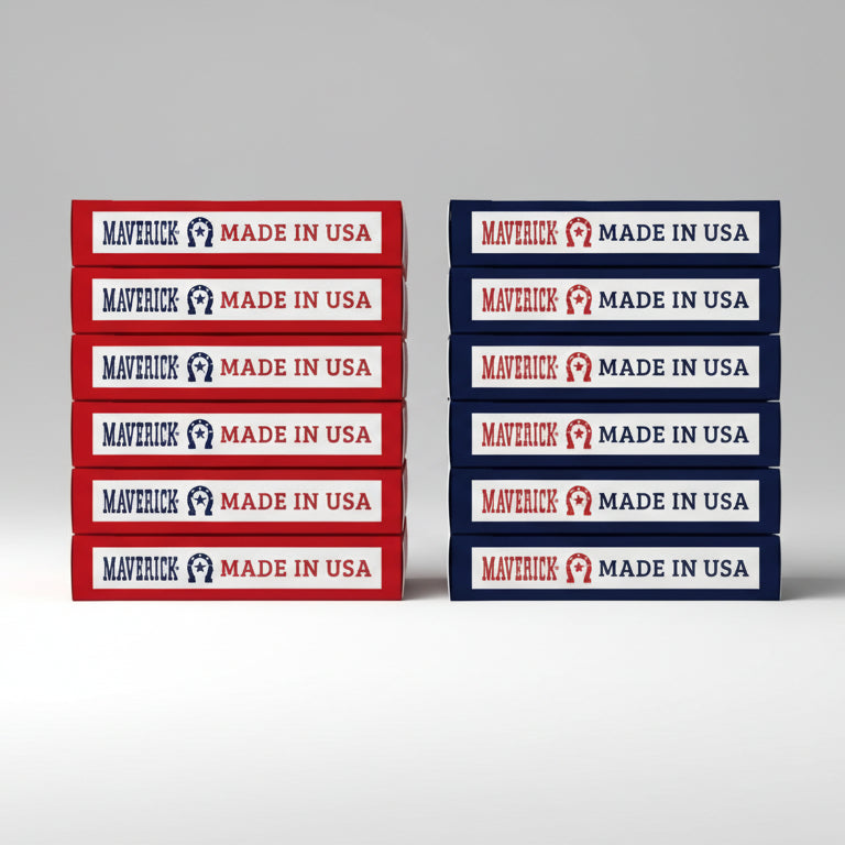 Stacks of red and blue Maverick towels with 'Made in USA' text.