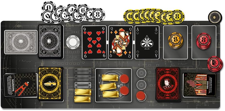 A flat-lay product shot of a The Gang Deluxe Edition set on a dark gray background. The set includes playing cards with red and black suits, gold and red coins, black and gold backless cards, and other game pieces arranged neatly on a dark gray mat.