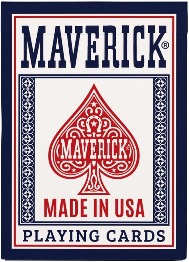 Maverick playing cards packaging with red spade logo on a blue background