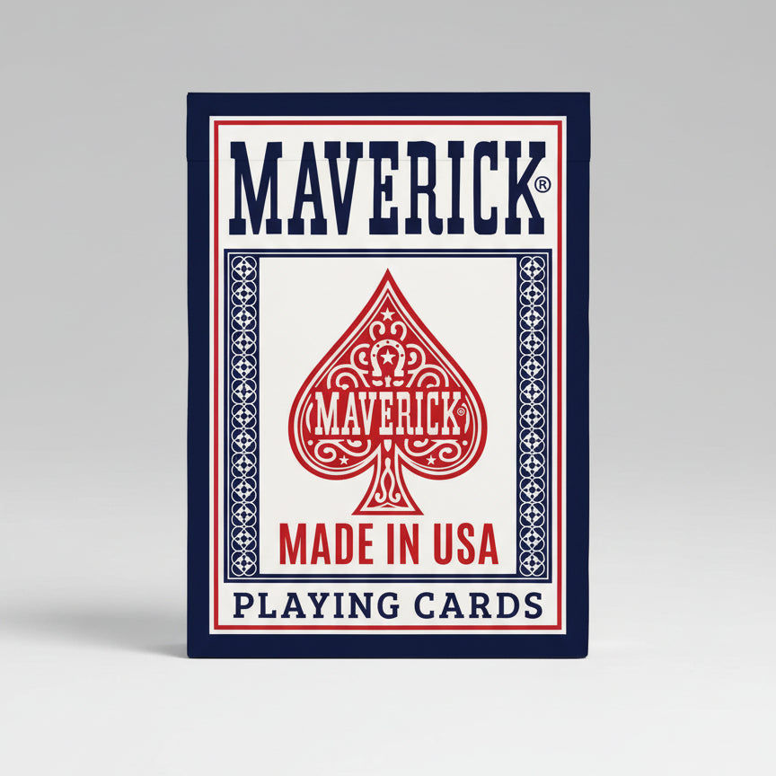 Maverick playing cards packaging with red spade logo on a blue background