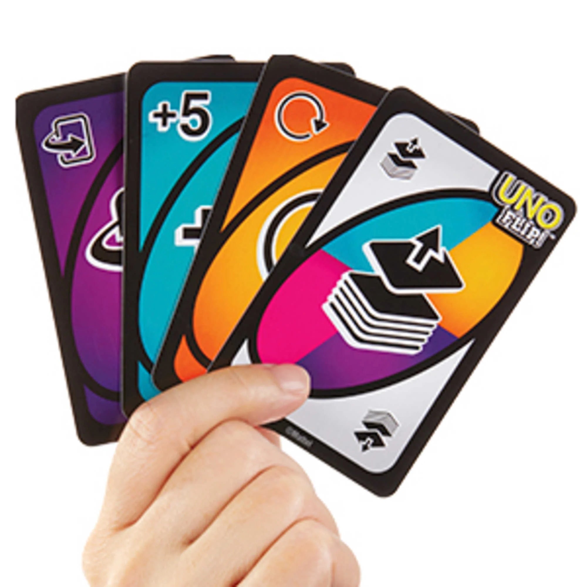 Hand holding four colorful Uno Flip cards against a white background