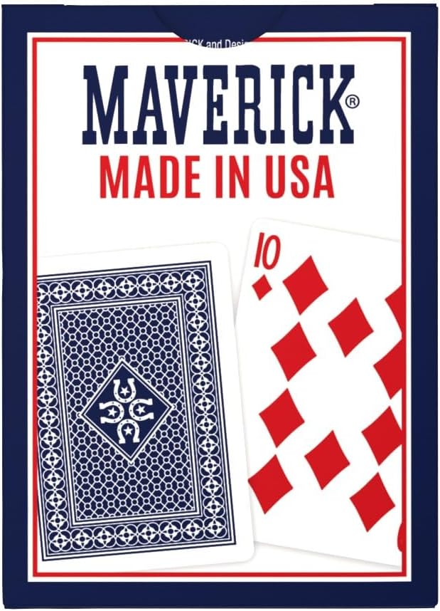 Maverick playing cards packaging with a blue card and red diamond design on a white background.