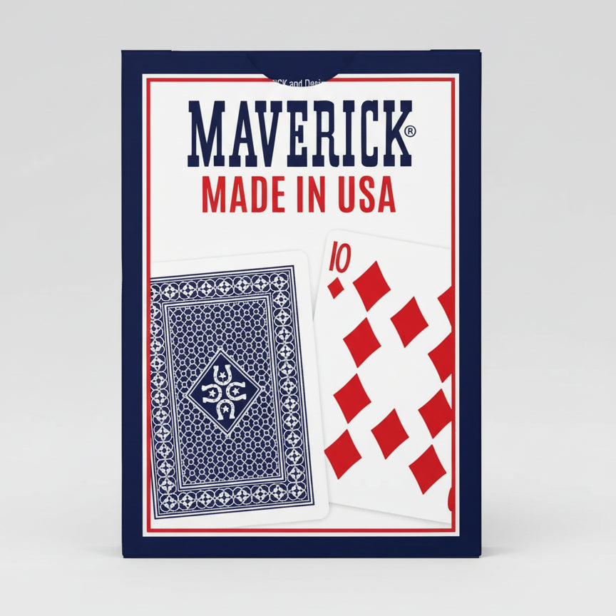 Maverick playing cards packaging with a blue card and red diamond design on a white background.