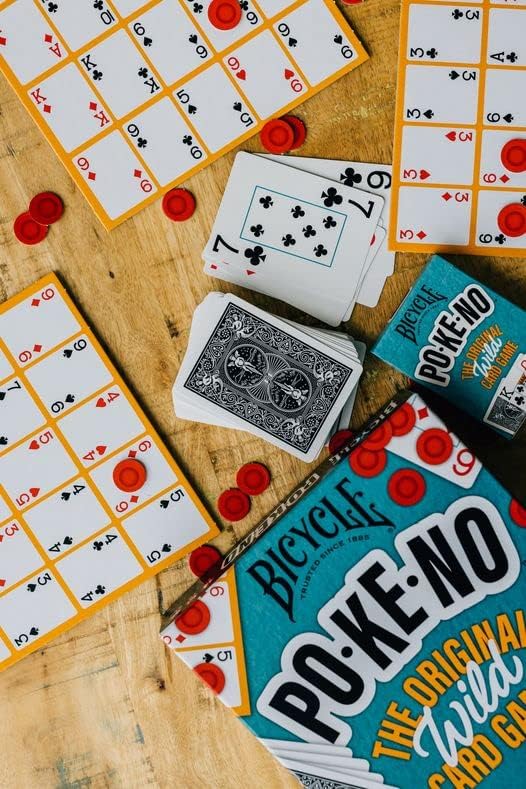 Bicycle PO-KE-NO game with player boards, chips, Bicycle deck, pencil, and rule sheet