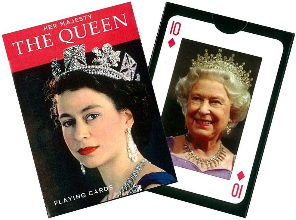Playing cards featuring images of Queen Elizabeth II on a white background