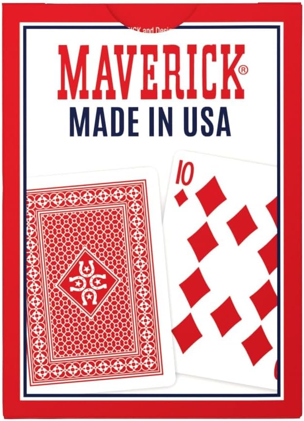Maverick playing cards packaging with a card displayed on a red background