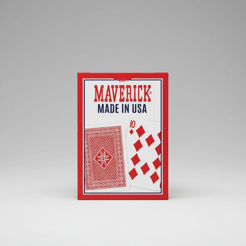 Maverick playing cards packaging with a card displayed on a red background