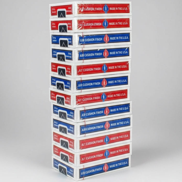 Stack of Bicycle decks with 'Made in the U.S.A.' label on a white background