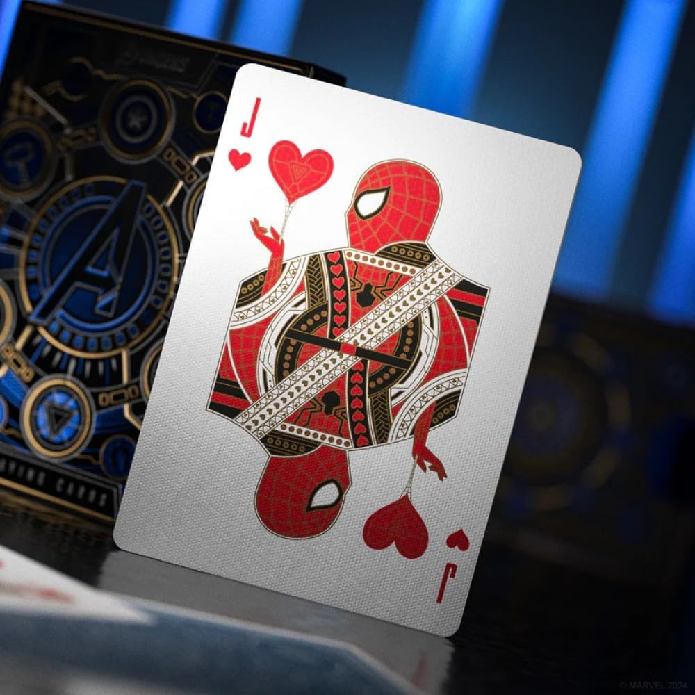 Playing card with a unique design featuring hearts and a stylized figure on a dark background.