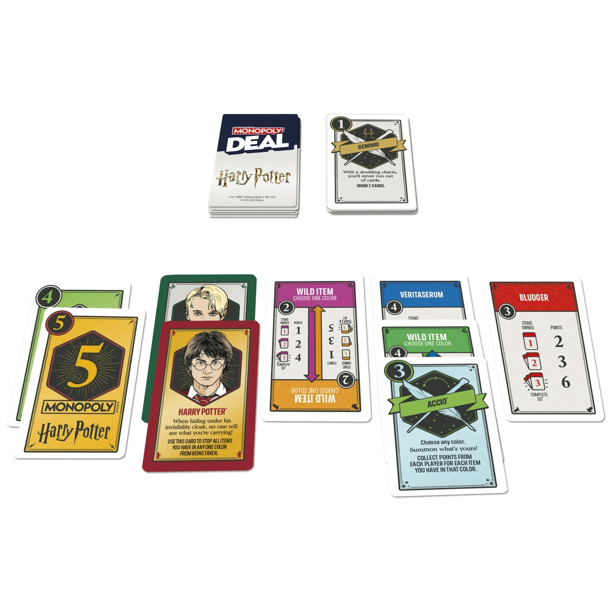 Collection of Monopoly Deal Harry Potter-themed cards on a white background