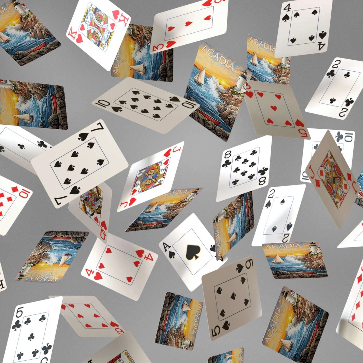 Boardwalk Acadia playing cards with scenic coastal backs and traditional faces