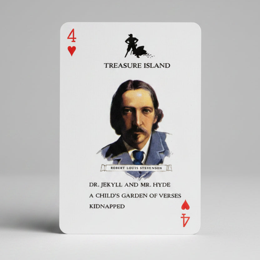 Playing card with a portrait of Robert Louis Stevenson and text related to his works, on a white background.