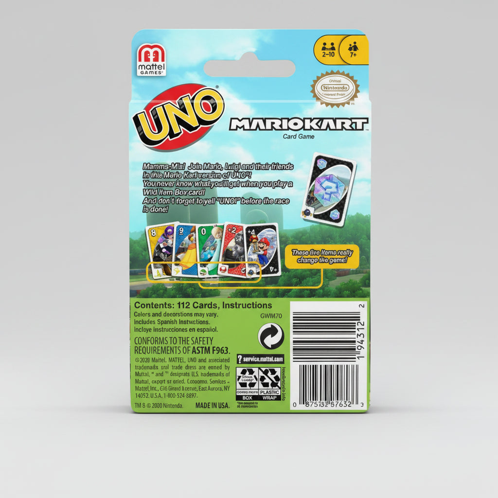 Back of UNO Mario Kart card game package