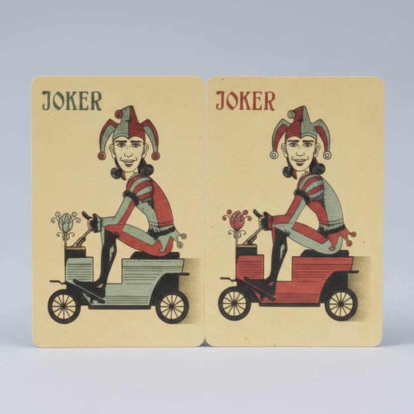 Two joker cards on a stand with a blurred background