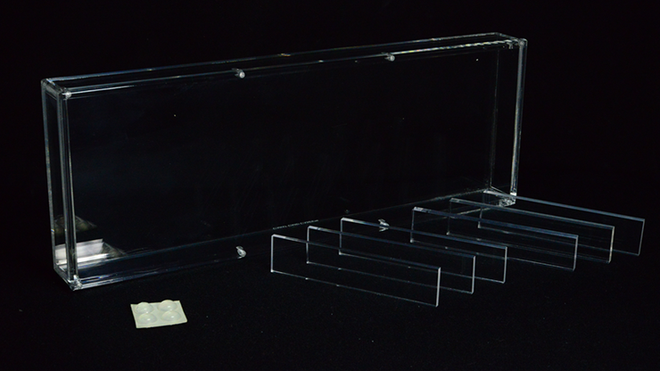Clear acrylic display stand on a black background