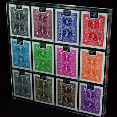 Upright Carat X4x3 acrylic display case showing 12 colorful Bicycle Rider Back decks