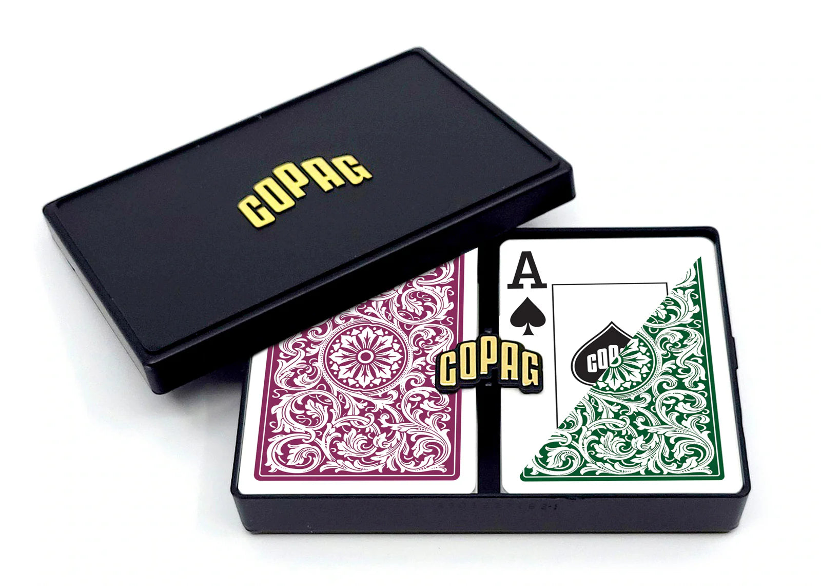 Copag 1546 Playing Cards – Poker Size, Jumbo Index (Burgundy & Green) with two cards open showing intricate designs and Copag branding.